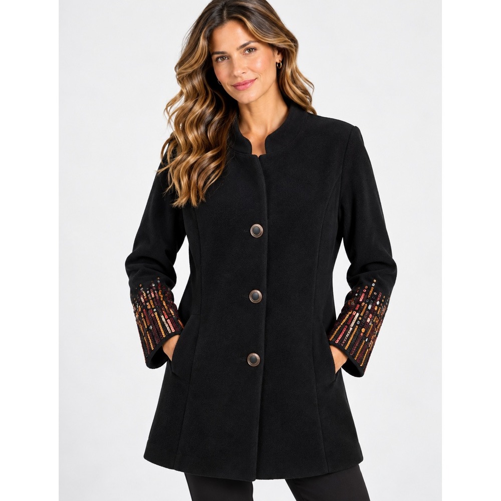 Bob Mackie Wearable Art Black Fleece Sequin Cuff Jacket Coat Womens Large NWT